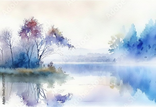 Watercolor sketch, white, blue, morning fog with ponds and trees. Generative AI illustration