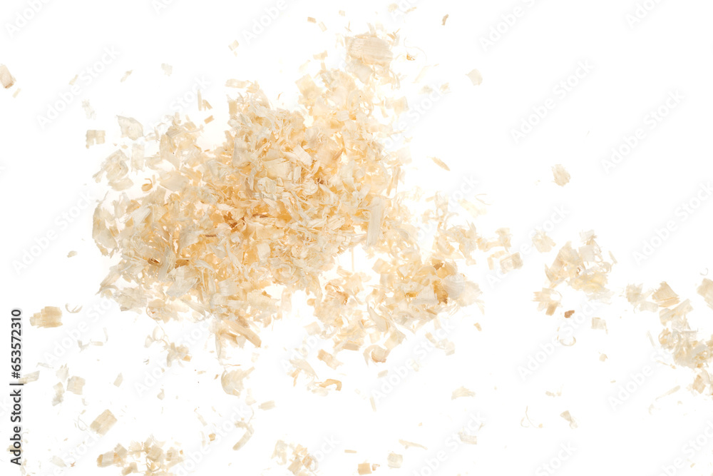 Dry chips sawdust for rodents. wood shavings isolated on white background. filings close up