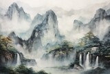 Handmade mountain landscape painting on rice paper with waterfall. Generative AI