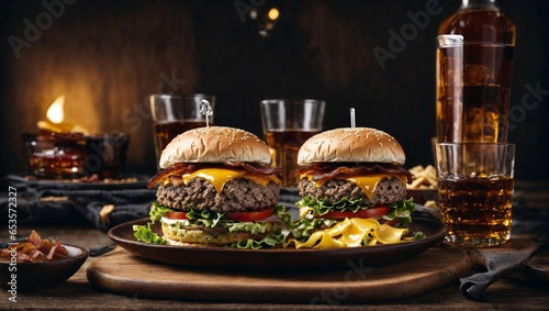 large delicious fast food burger hamburger Cheeseburger and burgers or hamburgers with grilled meat, cheese, and decorated with fresh ingredients.