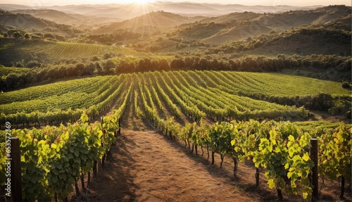 Vineyard landscape at sunset Green field with rows of vines for harvesting The grapes ripen to produce fine wine.