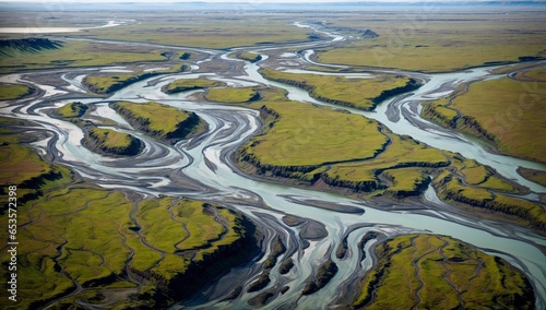 Aerial photography of the delta that has many naturally winding branches and veins During the spring