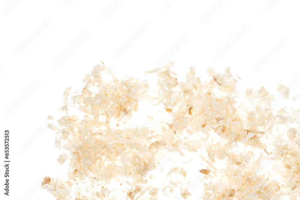Dry chips sawdust for rodents. wood shavings isolated on white background. filings close up Dry chips sawdust for rodents. wood shavings isolated on white background. filings close up