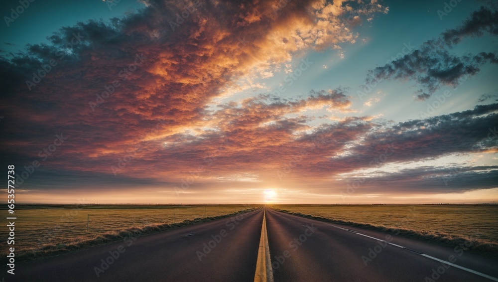 Evening sunlight in the evening when the sun will set. On a large flat paved road Beautiful sky at dusk High quality photos
