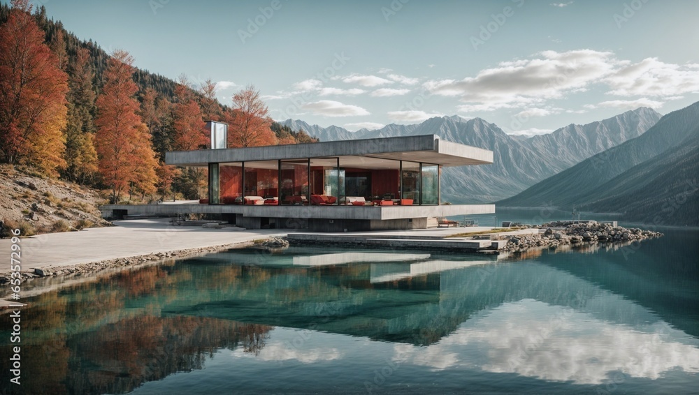 Modern concrete house and beautiful modern glass house design on a mountain lake.