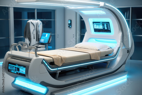Futuristic medical treatment bed at modern hospital.