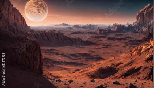 Landscape of an alien planet  view of another planet surface  science fiction background. Generative AI illustration
