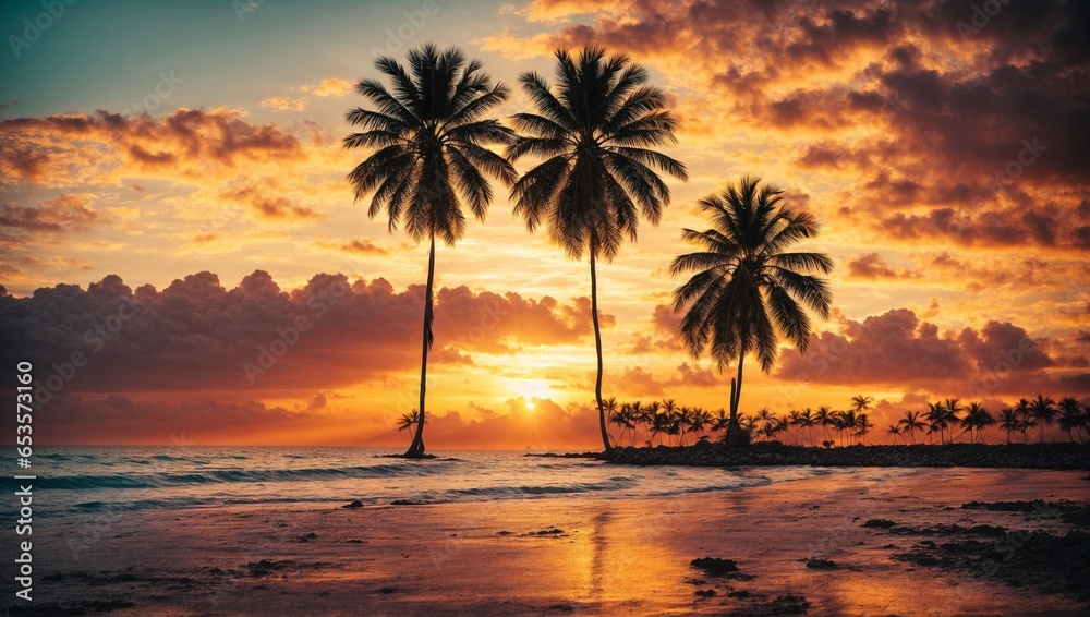 sunshine of a beautiful evening sunset on the sandy beach. There are naturally beautiful coconut trees.