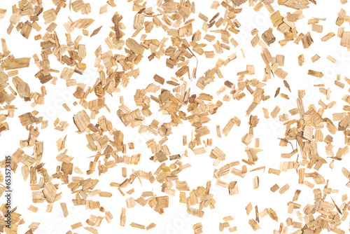 Wooden chips isolated white background. small wood chips for smoking. sawdust texture. ecological fue