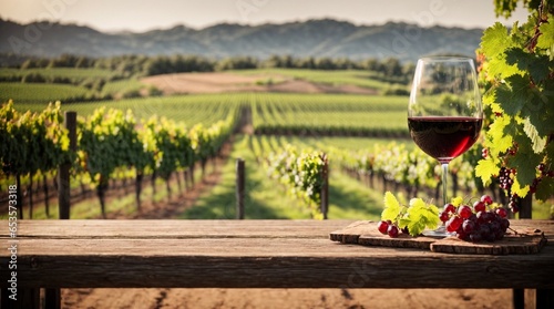 Wooden table top with wine glasses on blurred vineyard landscape background for display. Agricultural winery. and wine tasting concepts