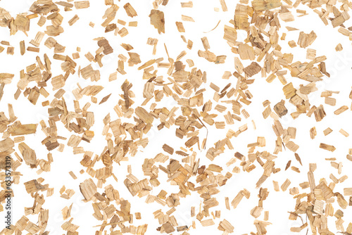 Wooden chips isolated white background. small wood chips for smoking. sawdust texture. ecological fue