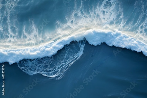 an aerial view of a wave breaking on the ocean.Drone photo backdrop of sea wave in bird eye waves. generative ai photo
