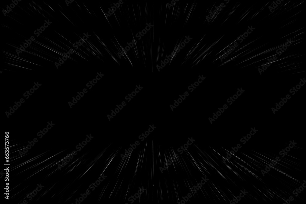 Bokeh white lines on black background, abstraction, abstract speed. light motion blur texture. star particle or space traveling. black and white extrusion effect