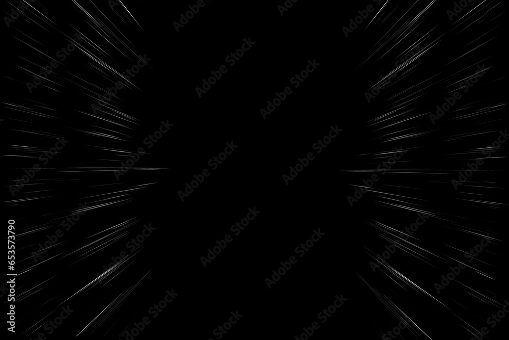 Bokeh white lines on black background, abstraction, abstract speed. light motion blur texture. star particle or space traveling. black and white extrusion effect
