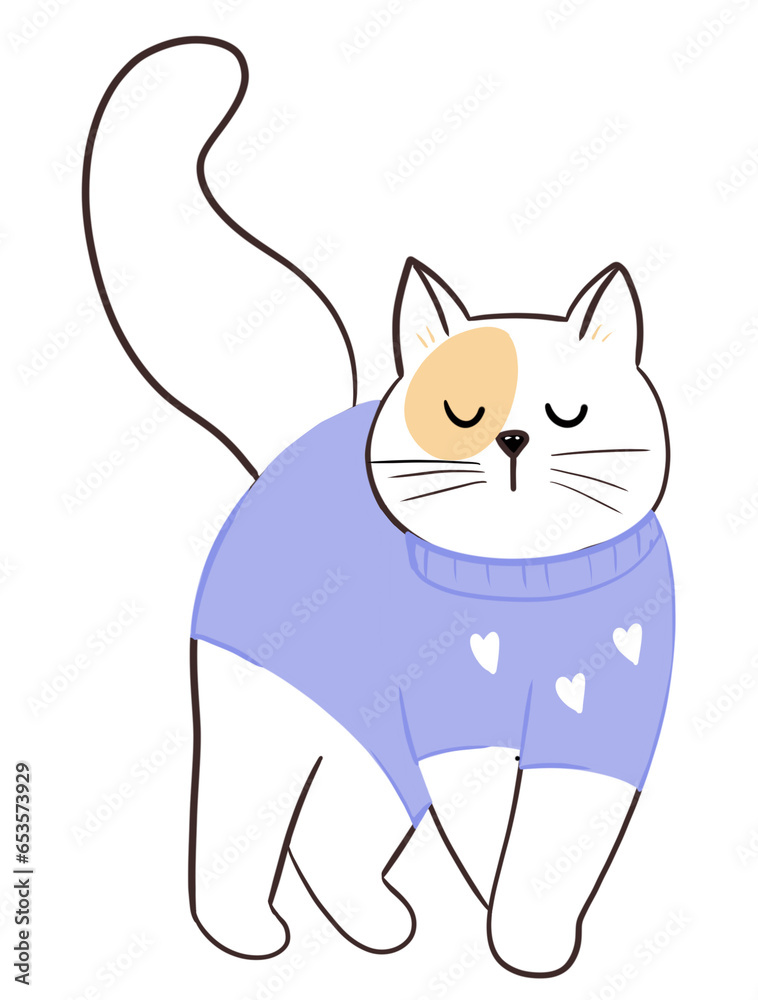 Obraz premium Cute cartoon white cat wearing purple shirt while walking.