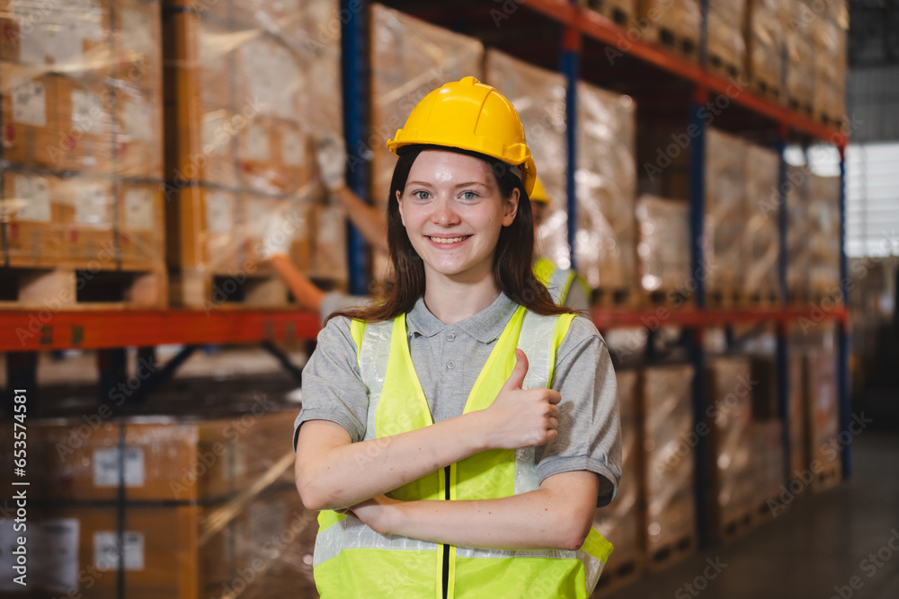 Portrait female professional engineer factory in protective uniform operating machine, Engineering worker in safety hardhat at warehouse industrial facilities, Heavy Industry Manufacturing Portrait female professional engineer factory in protective uniform operating machine, Engineering worker in safety hardhat at warehouse industrial facilities, Heavy Industry Manufacturing