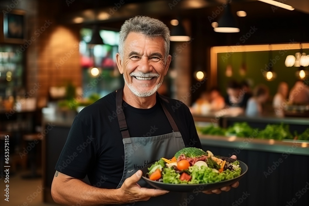 Portrait of a senior male chef holding a bowl of salad in a restaurant