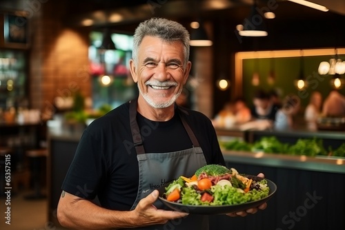 Portrait of a senior male chef holding a bowl of salad in a restaurant © Nerea