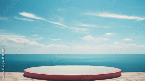 empty podium on sea and sky blue background 
