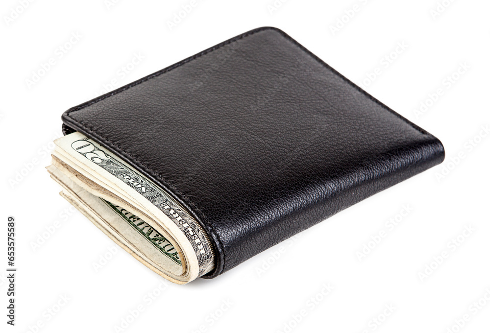 Black leather wallet with dollars isolated on white background. Close up. Black leather wallet with dollars isolated on white background. Close up.