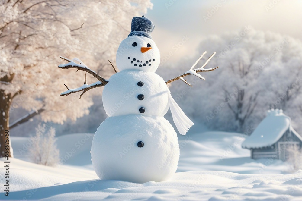 Snowman in stylish hat and Scalf on snowy field. Merry Christmas and happy New Year theme and Blue sky on background. AI Generative Snowman in stylish hat and Scalf on snowy field. Merry Christmas and happy New Year theme and Blue sky on background. AI Generative