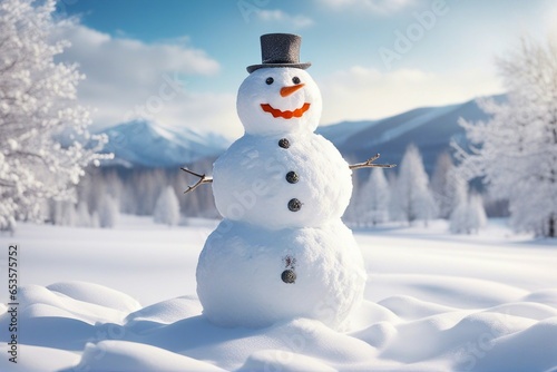Snowman in stylish hat and Scalf on snowy field. Merry Christmas and happy New Year theme and Blue sky on background. AI Generative