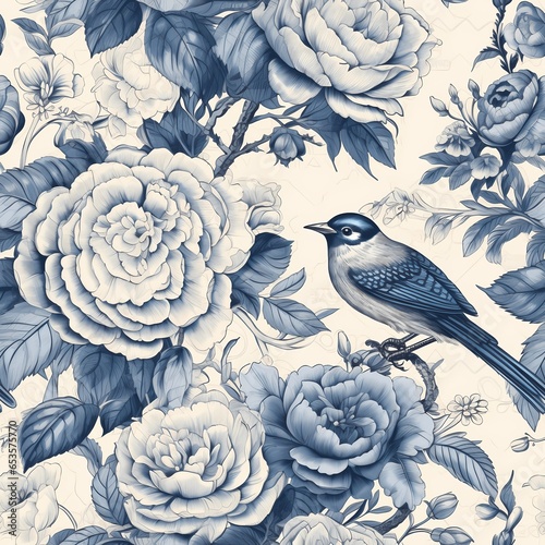 Intricated chinoiserie art with blue jay birds and peony flowers, royal blue ceramic pattern, French toile seamless pattern © Wipada