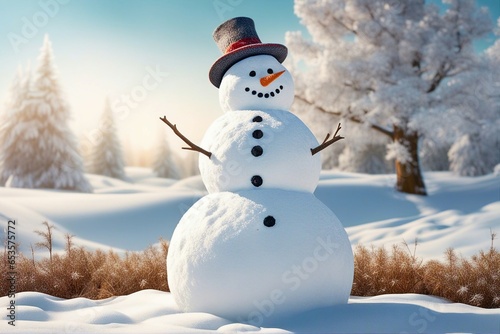Snowman in stylish hat and Scalf on snowy field. Merry Christmas and happy New Year theme and Blue sky on background. AI Generative © Creatively