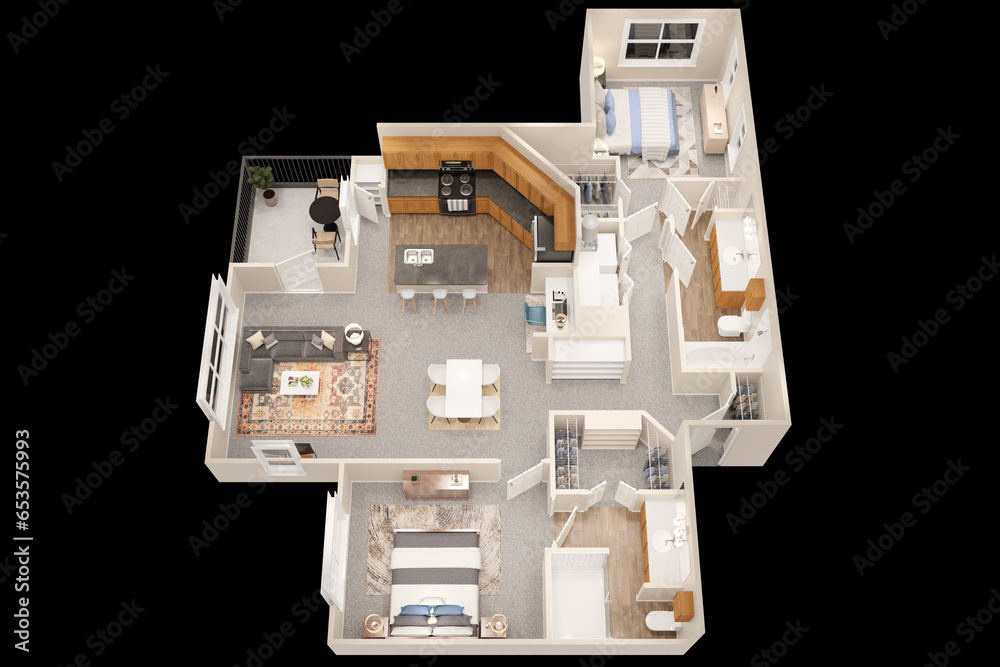 2bhk 3D floor plan 3d modelling render concept . - obrazy, fototapety, plakaty 