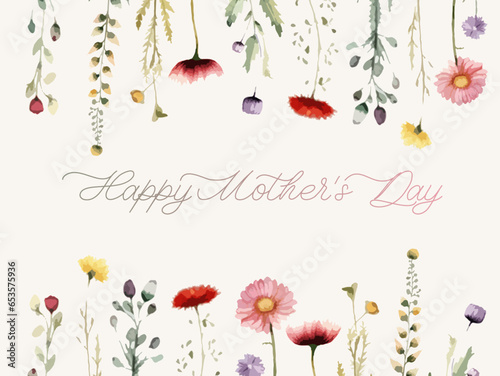 Happy Mothers Day. Calligraphy with watercolor wild herbs and flowers. Abstract floral art background vector design invitation and vip cover template.