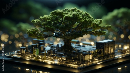 Green natural eco-friendly tree and computer technology on an abstract high-tech futuristic background of microchips and computer circuit boards with transistors © Aliaksandra