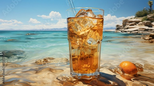 Cold delicious refreshing drink in a glass with a straw cocktail on the seashore on the beach at a resort on vacation in a tropical country