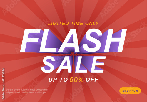 Sale banner template design with rays on a red background. Flash sale special up to 50 percent off. End of season special offer banner. Vector illustration.