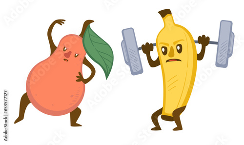 Cute sportive fruits, banana and pear working out
