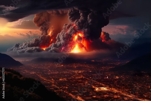 Imagination of Campi Flegrei caldera eruption in Italy. Generative AI. photo