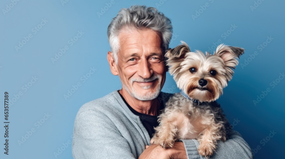 In a studio environment, a senior man and his furry companion radiate joy through their smiles. In a studio environment, a senior man and his furry companion radiate joy through their smiles.