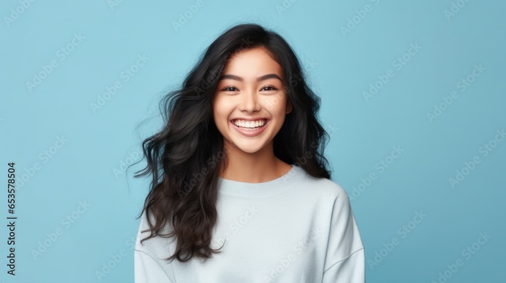 A carefree and jubilant young girl poses gracefully in front of a simple studio backdrop, her smile stealing the spotlight. - obrazy, fototapety, plakaty 