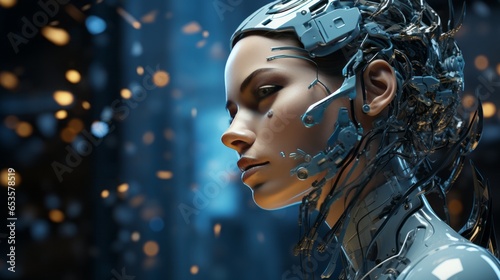 A realistic image of a robot in front of some digital