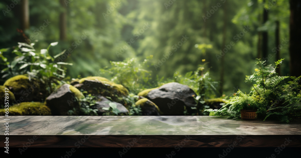 Obraz premium Empty wood table top with blur green forest background. For product display