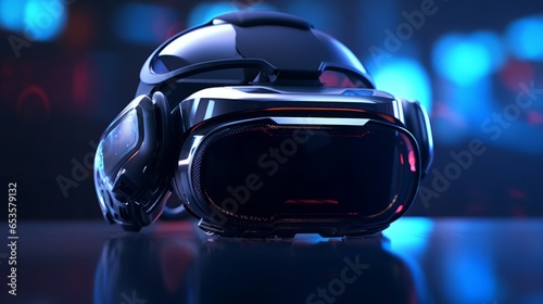 A virtual reality headset floating in a dark endless