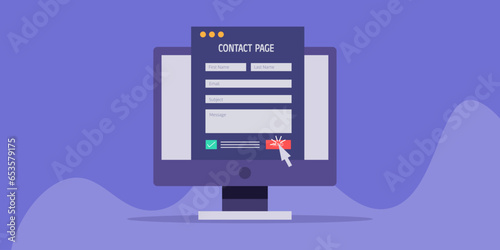 Website contact page pc screen, sending message from web form, internet communication technology, vector illustration web banner.