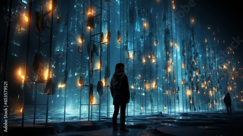 Wall of LED screens displaying a dynamic flow