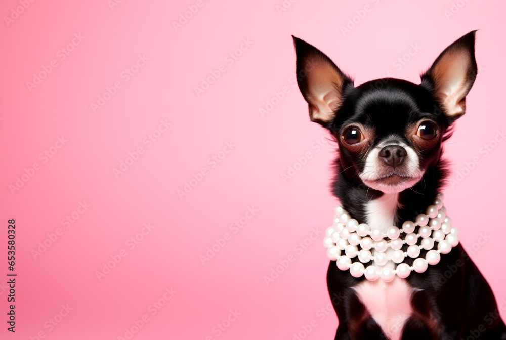 cute chihuahua dog wearing diamond necklace collar isolated on plain studio background. Copy Space
