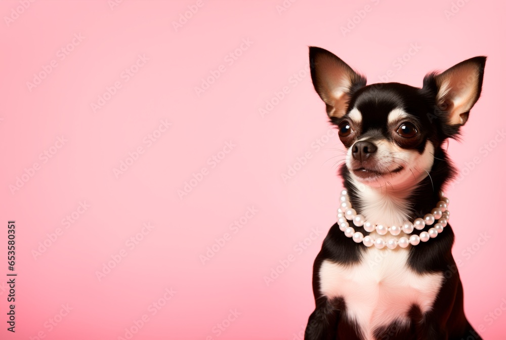 cute chihuahua dog wearing diamond necklace collar isolated on plain studio background. Copy Space