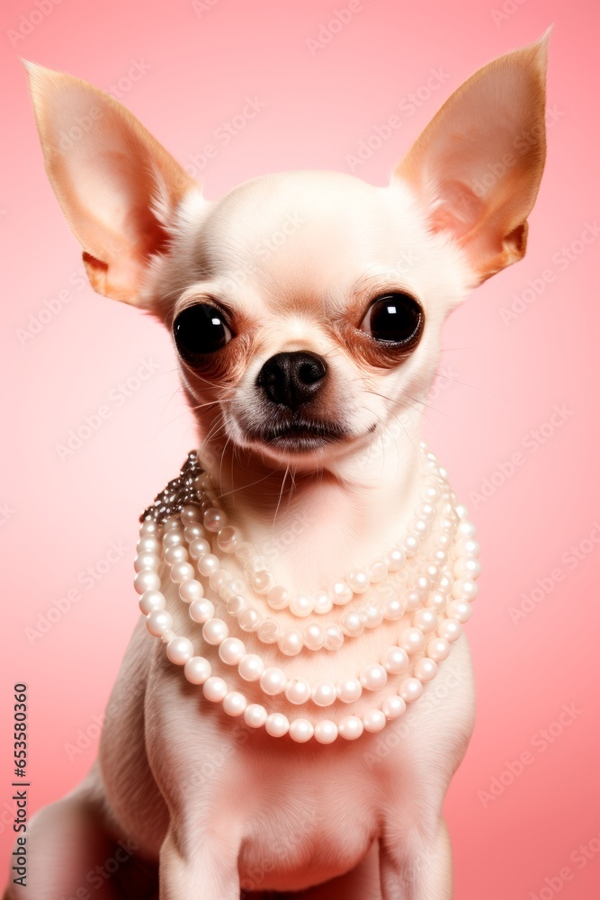 cute chihuahua dog wearing diamond necklace collar isolated on plain studio background.