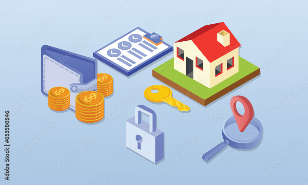 Mortgage Landing Page Bank loans for buying a home.on blue background.3D design.isometric vector design Illustration. Mortgage Landing Page Bank loans for buying a home.on blue background.3D design.isometric vector design Illustration.