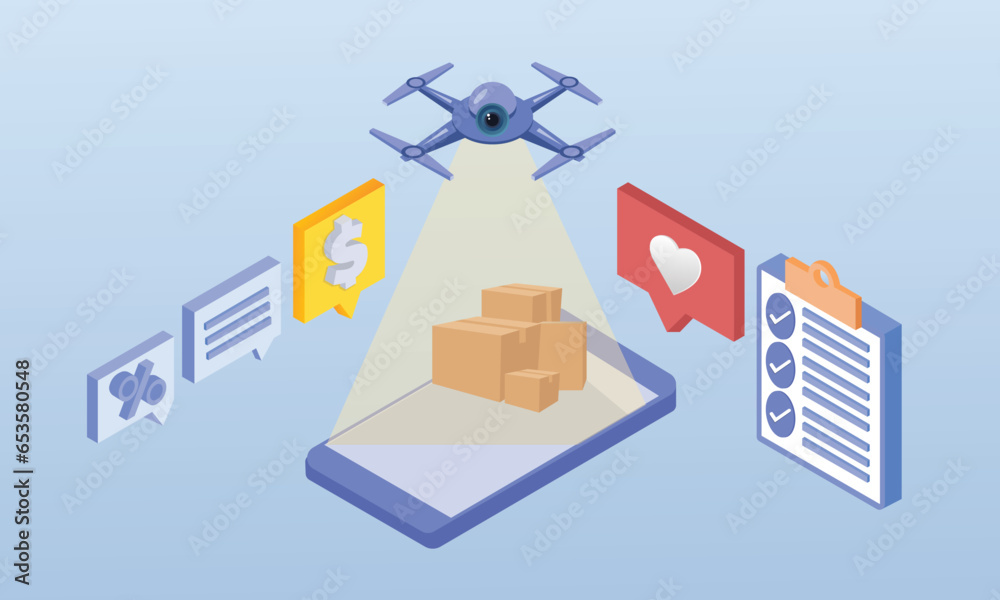 Drone Delivery Online Ordering Packages.on blue background.3D design.isometric vector design Illustration.