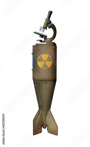 Nuclear warhead and science. Microscope manipulation on the missile. Military green missile bomb isolated on a white background. 3D illustration. (ID: 653580514)