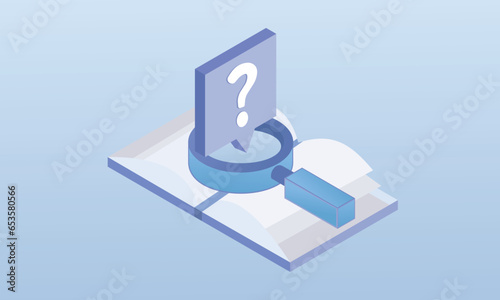 Searching for information in a book.on blue background.3D design.isometric vector design Illustration.