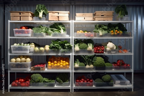 a climate-controlled storage unit with various produce items. Generative AI